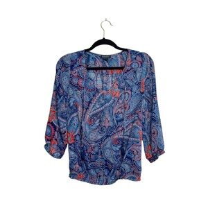 Lucky Brand Blue & Red Paisley Print Split Neck Semi-sheer Blouse Xsmall Women’s
